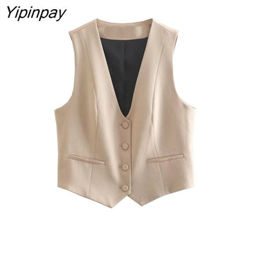 Yipinpay Fashion Women Pant Vest Suit Sets 2pcs 2023 Spring Autumn V-neck Coat+Zipper Ankle-Length Pants Basic Causal Office Outfits